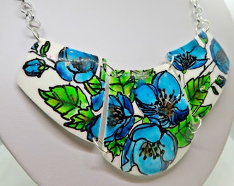 Statement Floral Polymer Clay Necklace, Wearable Art, Gift for Her, Flower Necklace, Hand painted Collier, Bib, Polymer Clay Jewelry