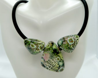 Unique Floral Geometric Forest Green Polymer Clay Necklace, Polymer Clay Jewelry, Unique Gift for Her, Cabochon Necklace, Beach Necklace