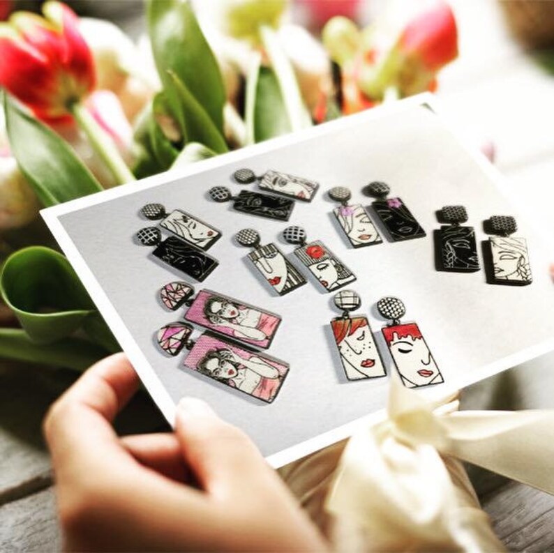Girl Face Earrings Black and White Earrings Mismatched Earrings Modern Art Earrings Trendy Earrings