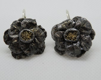 Gothic Earrings, Antiqued Gold Black Dangle Earrings, Floral Earrings, Polymer Clay Earrings