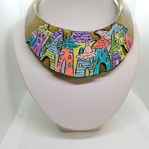 Statement Necklace, Bib Necklace, Fantasy Necklace gold necklace colorful necklace polymer clay necklace Hand-painted necklace boho necklace