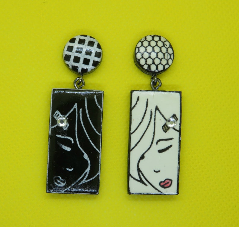Girl Face Earrings Black and White Earrings Mismatched Earrings Modern Art Earrings Trendy Earrings