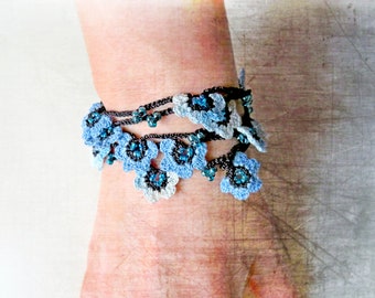 Crochet OYA Bracelet, Flower Necklace, layered Rope, Surfer Crochet Wrap, Beach Jewelry, Versatile Necklace