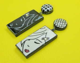 Girl Face Earrings/ Black and White Earrings/ Mismatched Earrings/ Modern Art Earrings/ Trendy Earrings