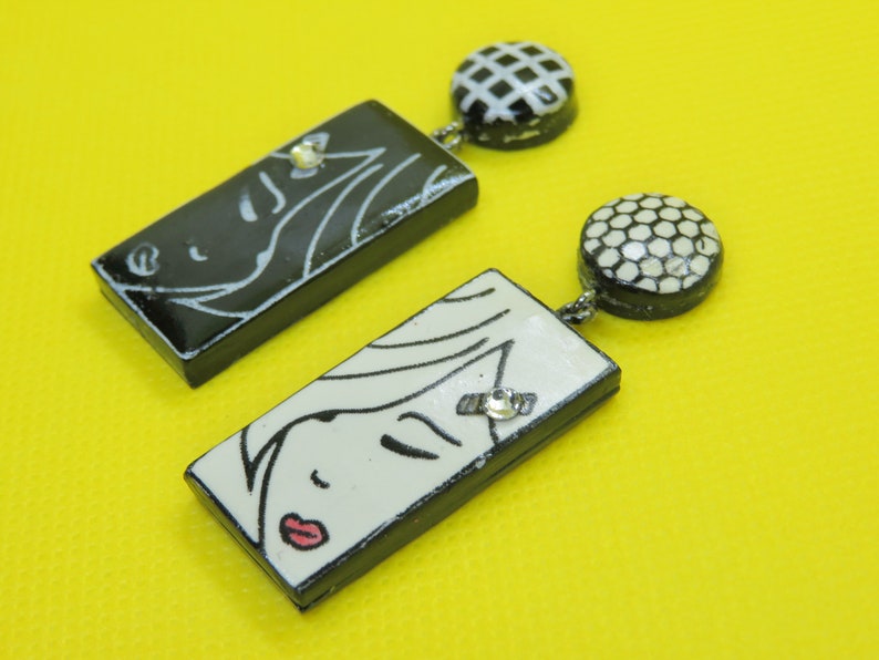 Girl Face Earrings Black and White Earrings Mismatched Earrings Modern Art Earrings Trendy Earrings