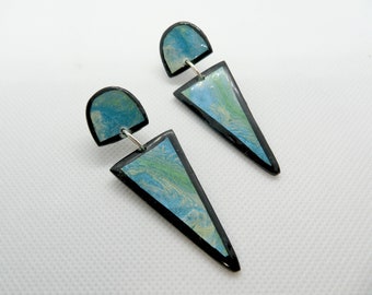 Abstract Art Hand Painted Earrings,  Blue Earrings, Pebeo Paint Earrings, Polymer Clay Earrings