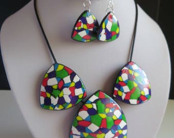 Mosaic Polymer Clay Necklace and Earrings Set, Geometric Statement Necklace, Multicolored Necklace