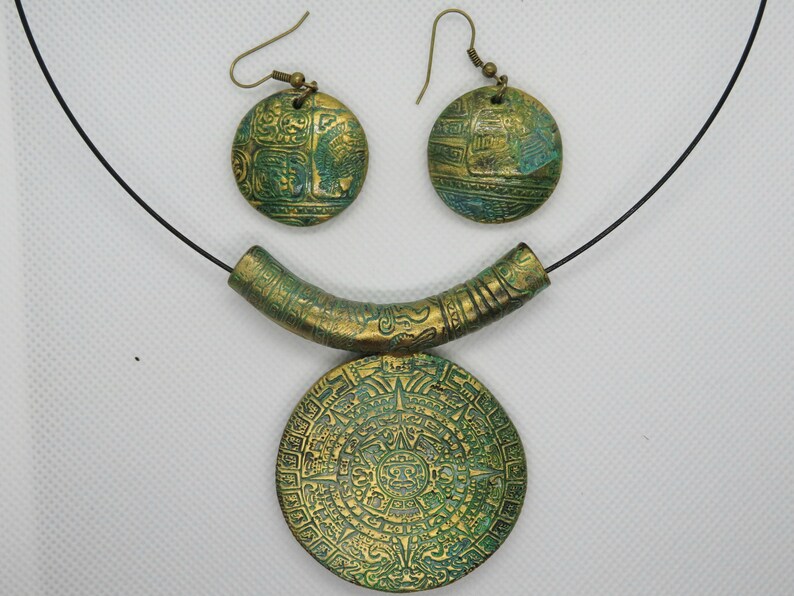 Ancient Gold Aztec Mayan Calendar Pendant Necklace Earrings Image 0