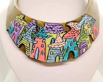 Statement Necklace, Bib Necklace, Fantasy Necklace gold necklace colorful necklace polymer clay necklace Hand-painted necklace boho necklace