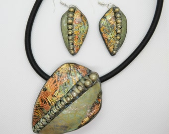 Statement Pendant Necklace, Geometric Leaf Jewelry Set, Polymer Clay Jewelry, One of  a kind jewelry