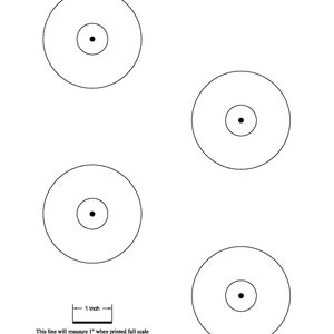 May include: Printable template for making 2.5 inch diameter, single-wick candles. The template includes four circles with a small dot in the center of each circle. The text "2.5" DIA. 1-WICK CANDLE TEMPLATE" is at the top of the page. A line with the text "1 inch" is at the bottom of the page.