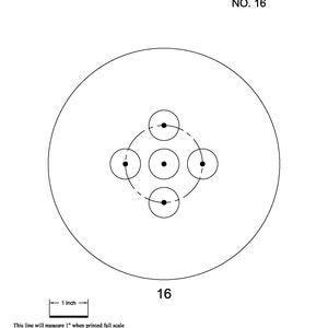May include: Candle making template for a 6 inch diameter candle with five wicks. The template shows the placement of the wicks in a circle with a central wick. The template includes the text "6" DIA. 5-WICK CANDLE TEMPLATE NO. 16".