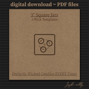 Può includere: Download digitale di modelli di candele a 3 stoppini per barattoli quadrati da 7,6 cm. L'immagine mostra uno schema di un barattolo quadrato con tre cerchi che rappresentano gli stoppini delle candele.
