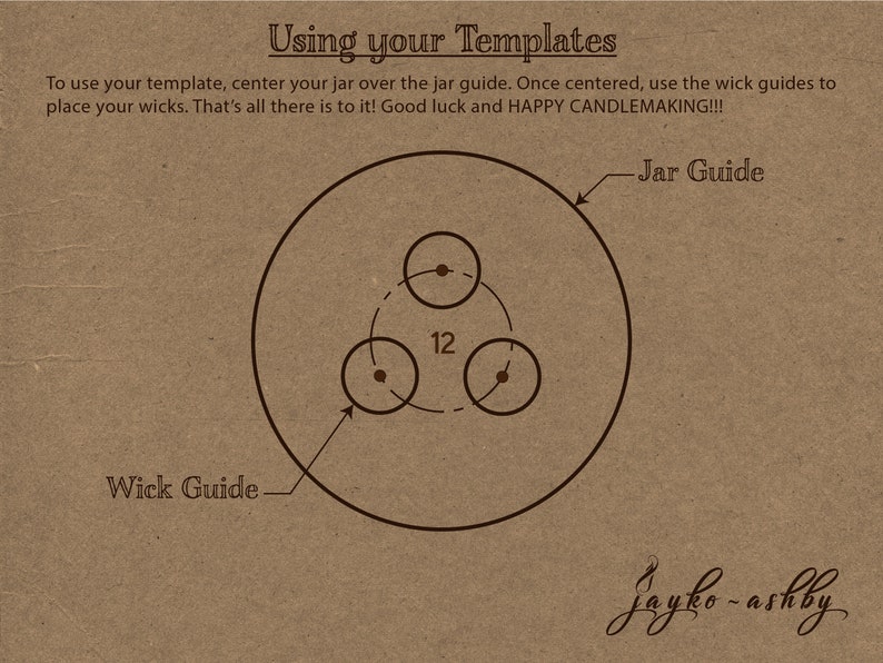 May include: A brown paper template with instructions for using a jar guide and wick guides to center a jar and place wicks. The template shows a large circle with three smaller circles inside, labeled "12" and "Wick Guide". The text "Using your Templates" is at the top of the page, and the text "Jar Guide" is at the top right of the page.