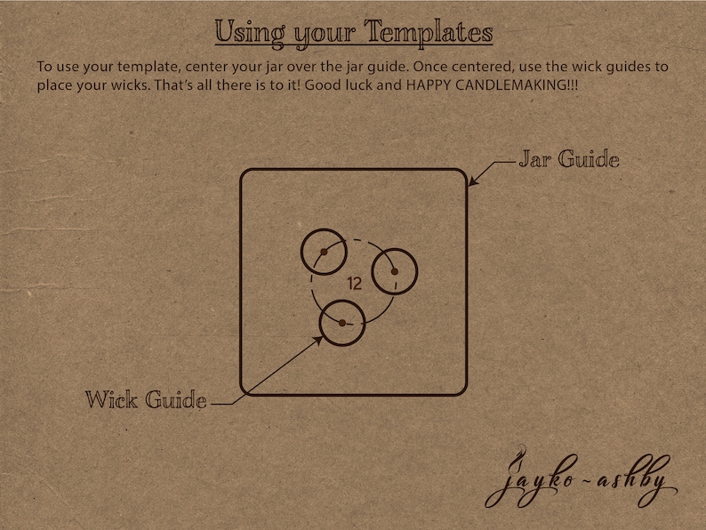 May include: A black and white diagram showing how to use a candle making template. The diagram shows a square jar guide with a circle in the center labeled "12" and two smaller circles labeled "1" and "2". The diagram also shows a wick guide with an arrow pointing to the center of the jar guide.