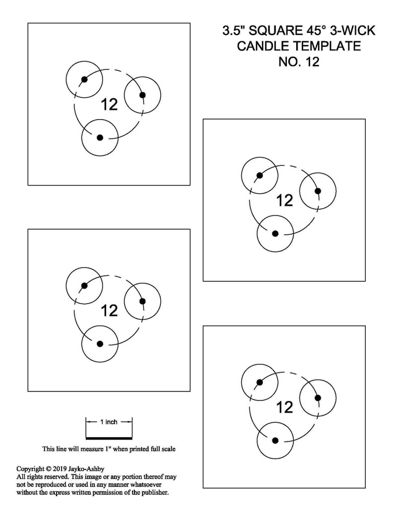 May include: Candle making template for a 3.5 inch square candle with three wicks. The template shows the placement of the wicks in a 45 degree angle. The template is labeled "No. 12".