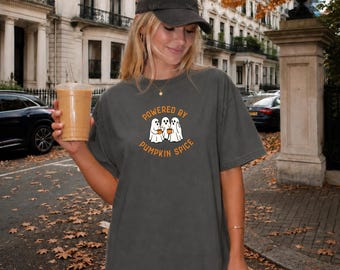 Powered by Pumpkin Spice Shirt, Pumpkin Spice Coffee Shirt, Cute Ghost Halloween Tee, Fall Coffee Lover Shirt, Spooky Season Tee, PSL Shirt