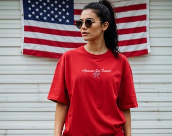 American Girl Summer Shirt, Coquette Summer Tee, Patriotic Bow Shirt, Cute Americana Graphic Tee, Fourth of July Aesthetic Tee, USA Summer