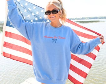 American Girl Summer Crewneck, Patriotic Sweatshirt, Coquette Bow Sweatshirt, Americana Graphic Crewneck, Cute Fourth of July Sweatshirt