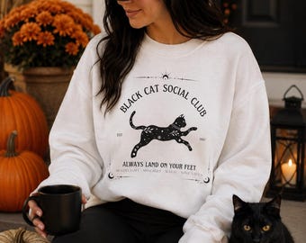 Black Cat Sweatshirt, Black Cat Social Club Sweatshirt, Witchy Halloween Sweatshirt, Cozy Fall Crewneck, Cat Lover Gift