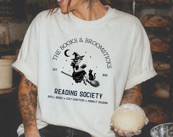 Books & Broomsticks Reading Society Shirt, Book Lover Shirt, Witchy Book Club Tee, Dark Academia Shirt, Halloween Reading Shirt