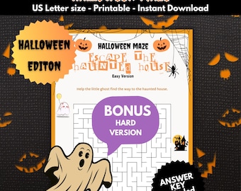 May include: A Halloween-themed printable maze with the text "HALLOWEEN MAZE" and "ESCAPE THE HAUNTED HOUSE." The design includes a ghost, pumpkins, a spider web, and the words "BONUS HARD VERSION" and "ANSWER KEY included."