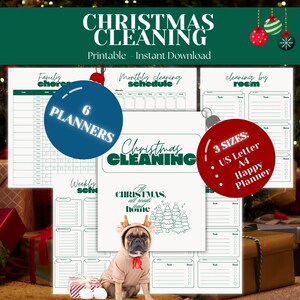 May include: A printable Christmas cleaning planner with the text "Christmas Cleaning" and "Christmas, all roads lead home." Includes 6 planners in US Letter, A4, and Happy Planner sizes. A dog in a reindeer costume is in the image.