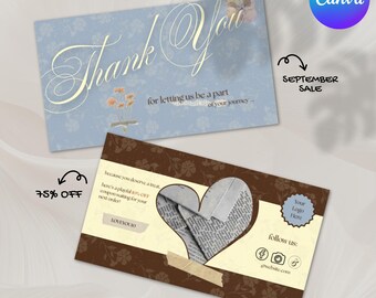 May include: Two thank you cards with floral and heart designs. One card is light blue with "Thank You" in elegant script. The other is brown with a heart cutout and text. Includes "September Sale" and "75% OFF" text.