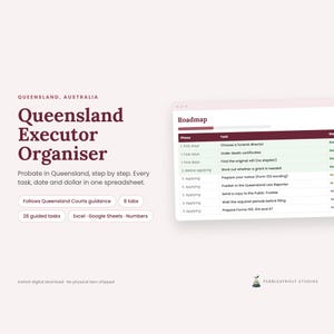 May include: A digital Queensland Executor Organiser spreadsheet template for probate. The text reads Queensland Executor Organiser, Probate in Queensland, step by step, 28 guided tasks, 8 tabs, and Excel, Google Sheets, Numbers. A roadmap table is visible.