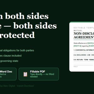 May include: A digital template for a Mutual Non-Disclosure Agreement on a dark green background. The text reads: When both sides share — both sides are protected. It includes 9 sections, equitable remedies, and editable Word or fillable PDF formats.