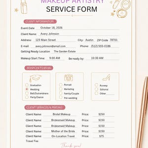 May include: A white makeup artistry service form with gold line art illustrations of lipstick and brushes. The document includes sections for client information, services to avail, and pricing, with text fields for event details and a rose gold pen.