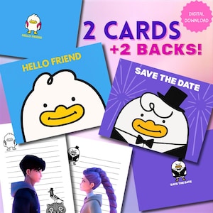Può includere: Un set di biglietti digitali da scaricare con un personaggio di anatra dei cartoni animati. I biglietti presentano i messaggi "Hello Friend" e "Save the Date", con dorsi coordinati. È presente anche il testo "2 CARDS +2 BACKS!" e "DIGITAL DOWNLOAD".