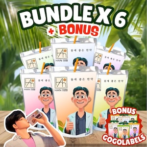 May include: An advertisement for a product bundle of six pouches with a bonus. Each pouch features a cartoon doctor and text in Korean. The text "BUNDLE X 6 + BONUS" is at the top. A person is drinking from a pouch.