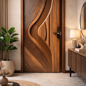 May include: A wooden door with a carved, flowing design. The door is a warm brown colour and has a black handle and lock. The door is set in a wooden frame and is part of a modern interior design.
