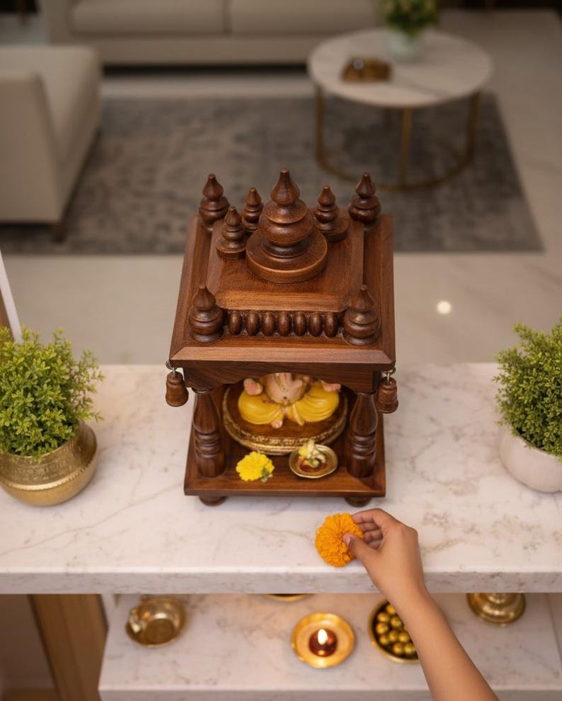 Handcrafted Wooden Mandir Small Pooja Temple for Home Gift | Diwali Decor Customization Available image 3