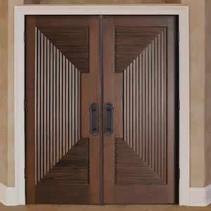 Hand-Carved Teak Wood Double Door: Traditional Sun Design