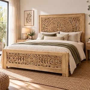 May include: A light brown wooden bed frame featuring an intricate hand-carved floral pattern on both the tall headboard and the footboard. The bed is dressed with a white duvet, several neutral-toned pillows, and a draped olive green throw blanket.