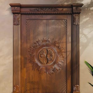 Hand-Carved Teak Wood Double Door: Traditional Sun Design