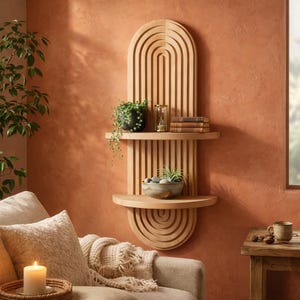 May include: A wooden wall shelf with an arched design and two shelves. The shelves hold a potted plant, a small hourglass, books, and a decorative bowl. The shelf is mounted on a textured orange wall, creating a warm, inviting aesthetic.