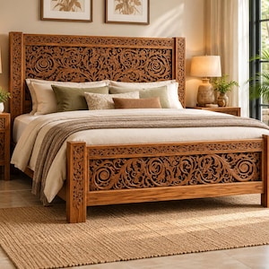 May include: A wooden bed frame featuring an intricate carved floral and scroll pattern on the headboard and footboard. The bed is dressed with a white duvet, a textured brown throw blanket, and several pillows in shades of white, olive, and tan.