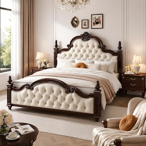 May include: A dark wood bed frame featuring a high, arched, tufted cream-coloured headboard and a matching footboard with button detailing. The bed is dressed in white linens with a tan throw blanket and a small, round, rust-coloured accent pillow.