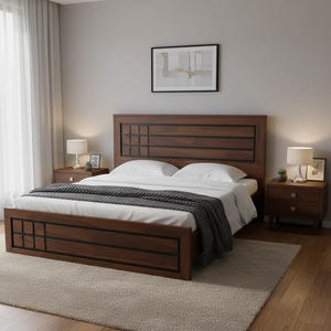 Handcrafted Solid Teak Wood King Bed Frame: Minimalist Grid Design Customization Available