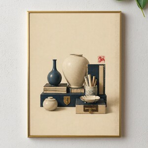 Korean Still Life Print | Traditional Ceramics, Books, Scrolls Poster | Neutral Antique Decor