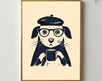 Dog with Coffee Mug Print: Minimalist Wall Art (Digital Download)