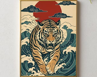 Lámina artística de tigre japonés / Póster de sol naciente y olas del océano / Decoración de pared digital en negrita