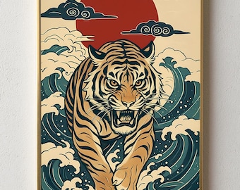 Japanese Tiger Art Print | Rising Sun Ocean Wave Poster | Bold Digital Download Wall Decor