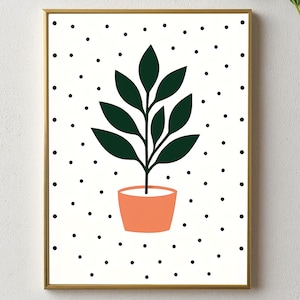 Puede incluir: Una impresión artística enmarcada que presenta una ilustración estilizada de una planta en maceta. La planta tiene hojas de color verde oscuro y está en una maceta naranja. El fondo es blanco con lunares negros. El marco es dorado.