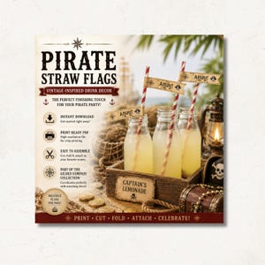 Banderines para pajitas de fiesta pirata / Decoraciones imprimibles para bebidas de cumpleaños / Decoración para fiestas náuticas