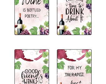 May include: Four rectangular wine-themed gift tags with watercolor designs. Each tag features a wine bottle, a glass of wine, grapes, and green leaves. Text includes "Wine is bottled poetry," and "I need some time to drink about it."