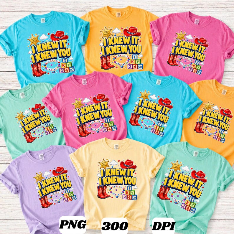 May include: A collection of short-sleeved t-shirts in various colors including blue, yellow, pink, and green. Each shirt features a graphic print with the text I KNEW IT I KNEW YOU, a red cowboy hat, red cowboy boots, and alphabet blocks.